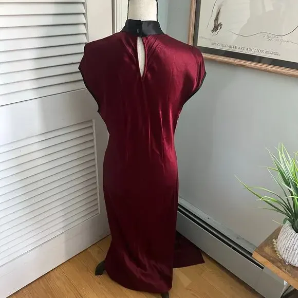Vintage BENJAMIN A Dress Womens 12 Burgundy Satin Maxi Gown Mandarin Collar 80s